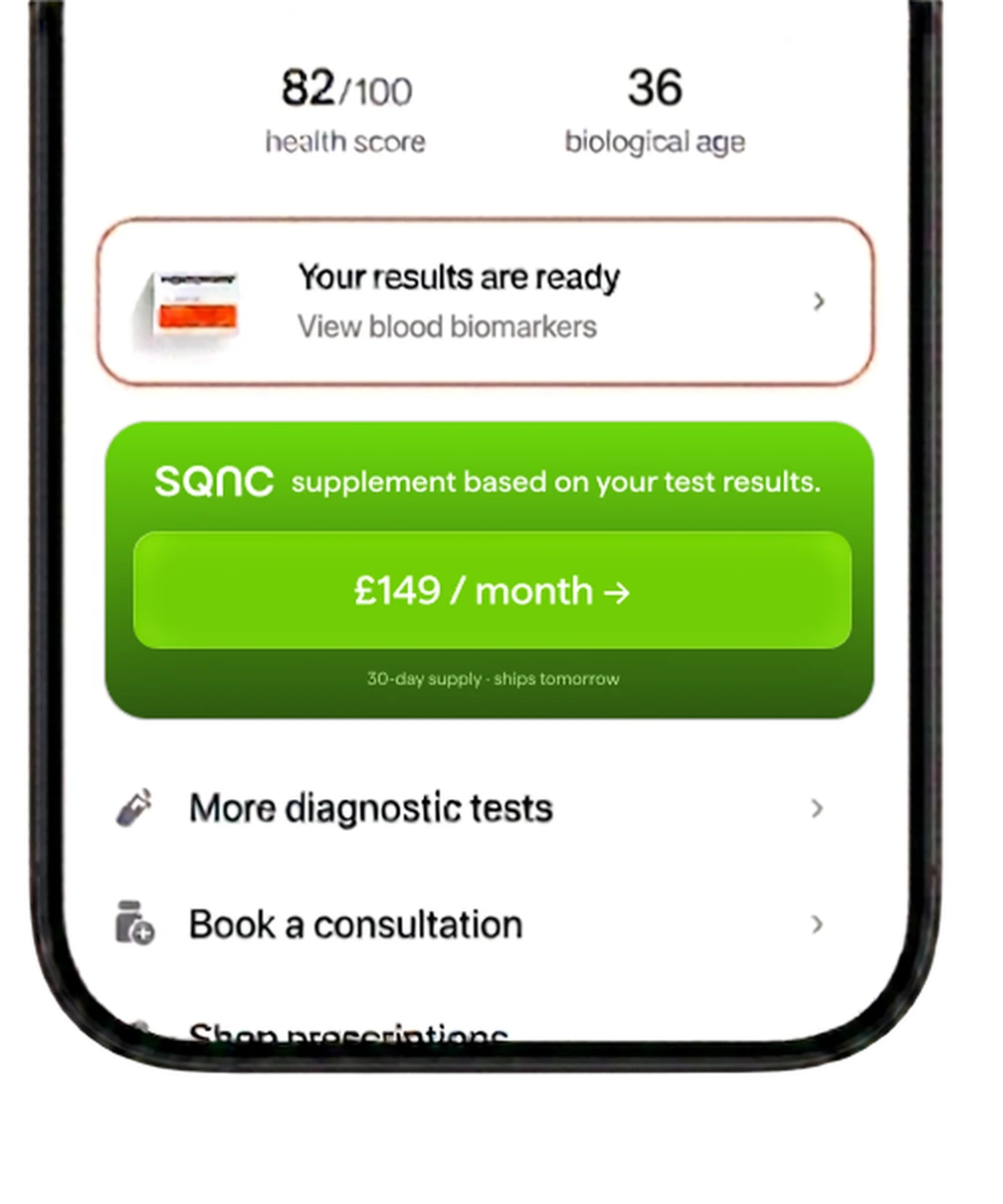 A partner app showing blood results with a SEQUENCE supplement offer built into it