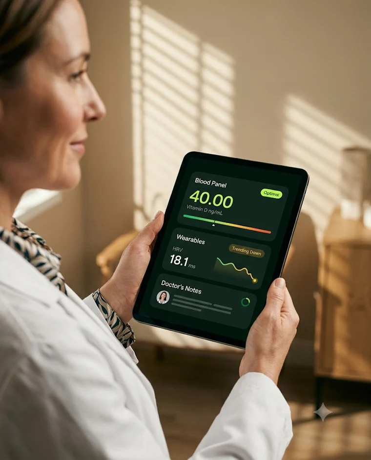A clinician reviewing a patient's blood panel on a tablet